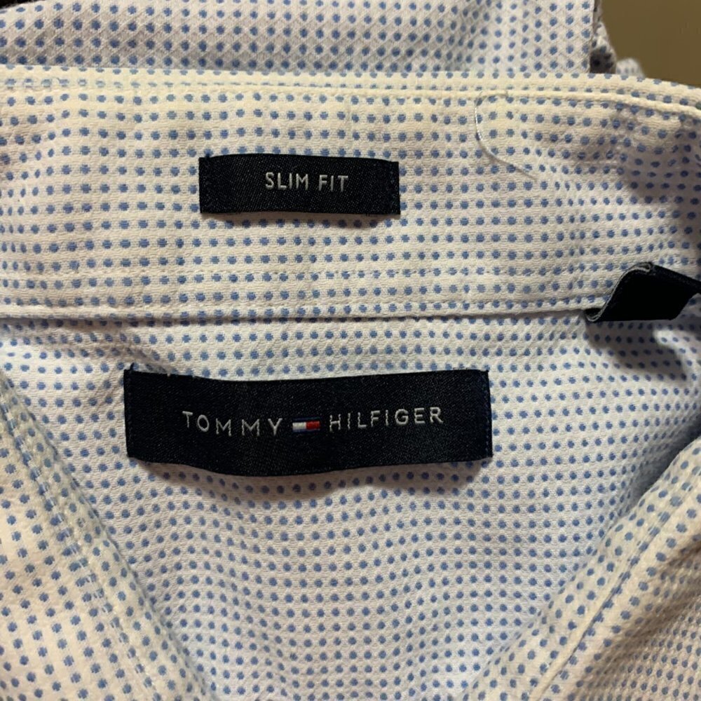Tommy Hilfiger Slim Fit Blue Dots Button Down Dress Shirt. XL 17-17 1/2 34/35 - Picture 10 of 11